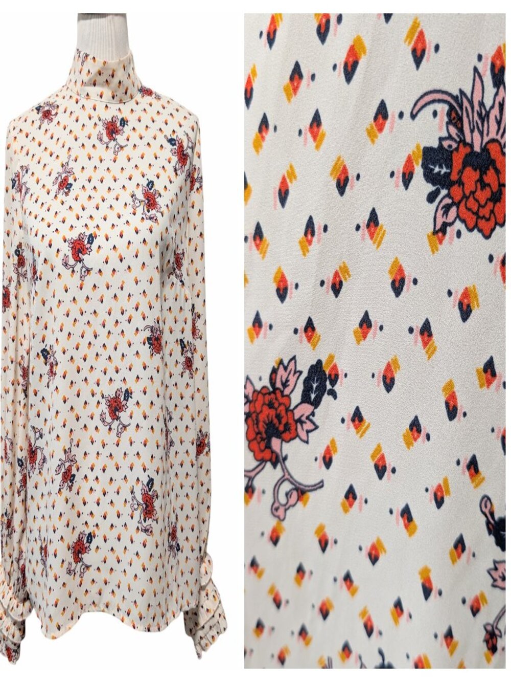 Modcloth Womens Sz M A Grace Of Ones Own Floral Ruffle Cuff Mock Neck Blouse Top